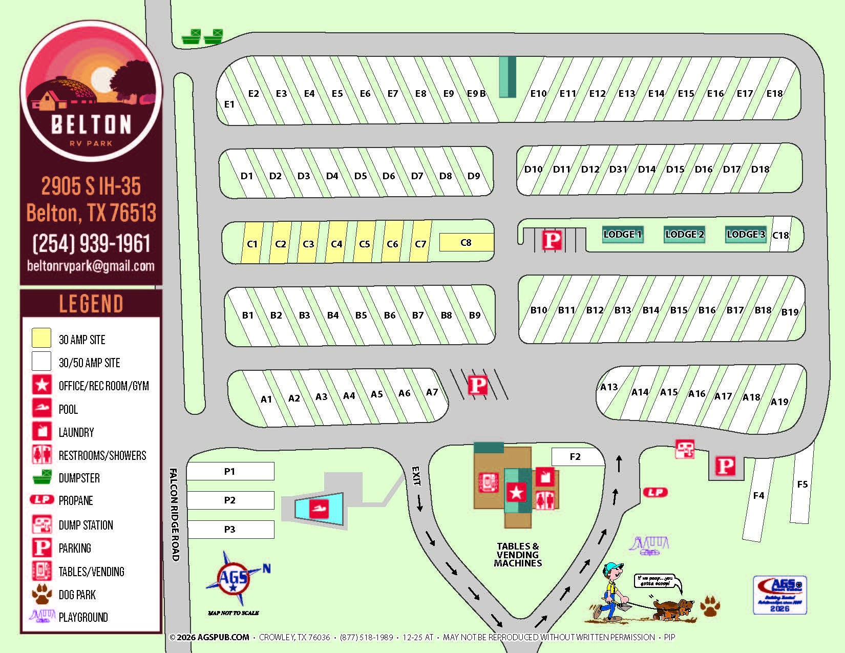 Map of Belton RV Park showing every RV site, the lodges, pool, laundry, restrooms, dog park and playground